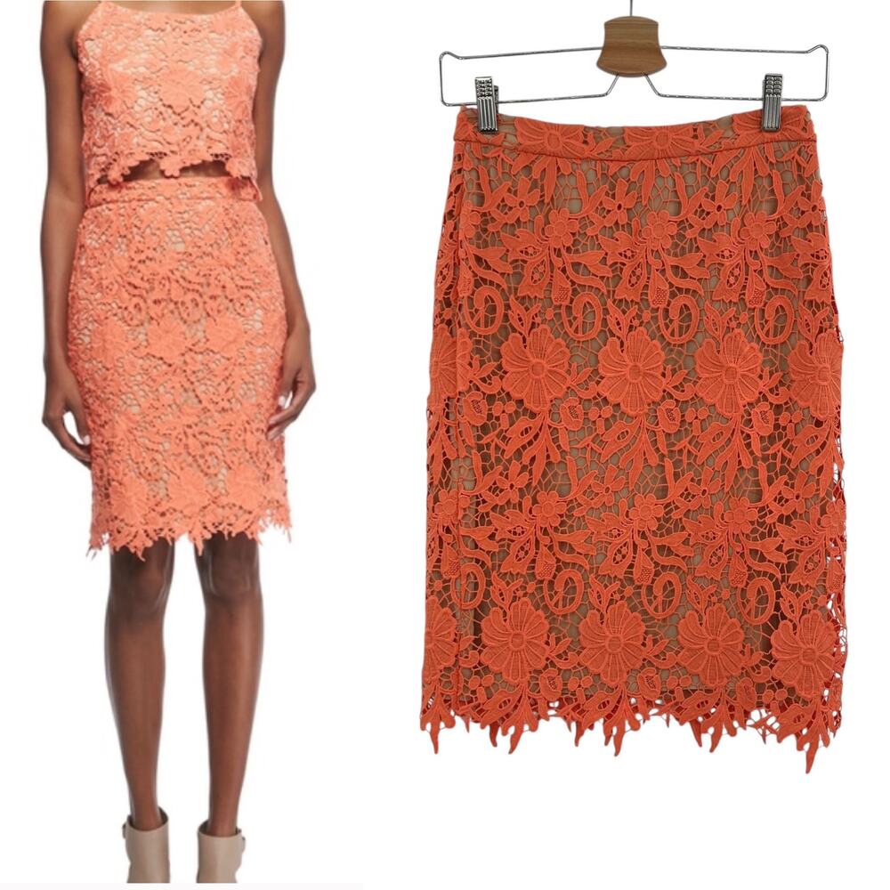 Alice + Olivia Farrell Lace Pencil Skirt Straight Crochet Orange Tan Size 2